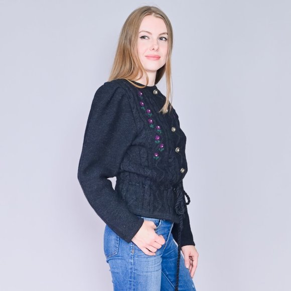 321. VINTAGE Trachtenmode Austrian Alps Grey Black Knit Wool Cardigan M - Picture 4 of 7